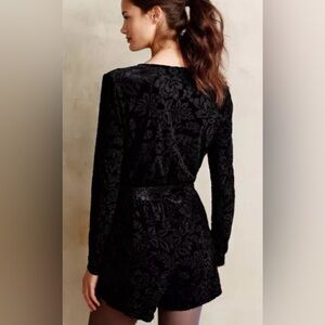 Anthropologie Saylor black floral burnout velvet long-sleeve faux-wrap romper M